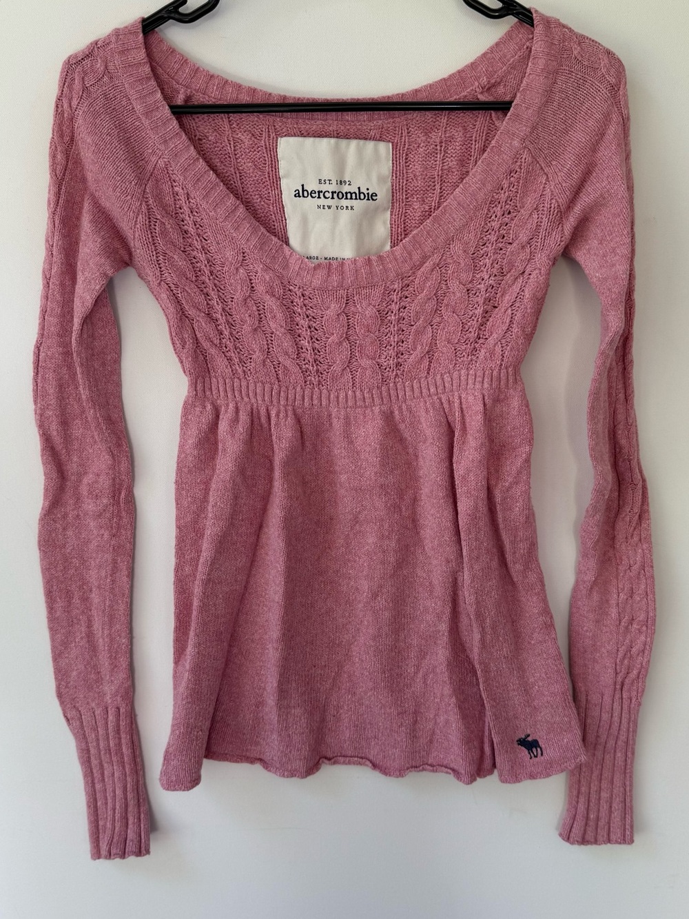 Y2K Abercrombie Kids Pink Cable-knit Babydoll Long Sleeve Sweater size XL